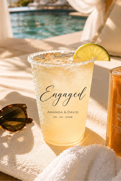 Casual Engagement Party & Backyard BBQ Cups - Custom Frosted Shatterproof Engaged Cups