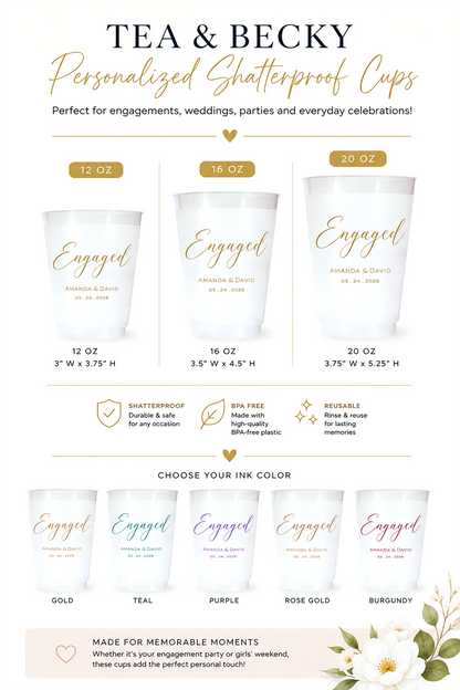 Tea & Becky personalized shatterproof cups with 'Engaged' text and size options on a white background.