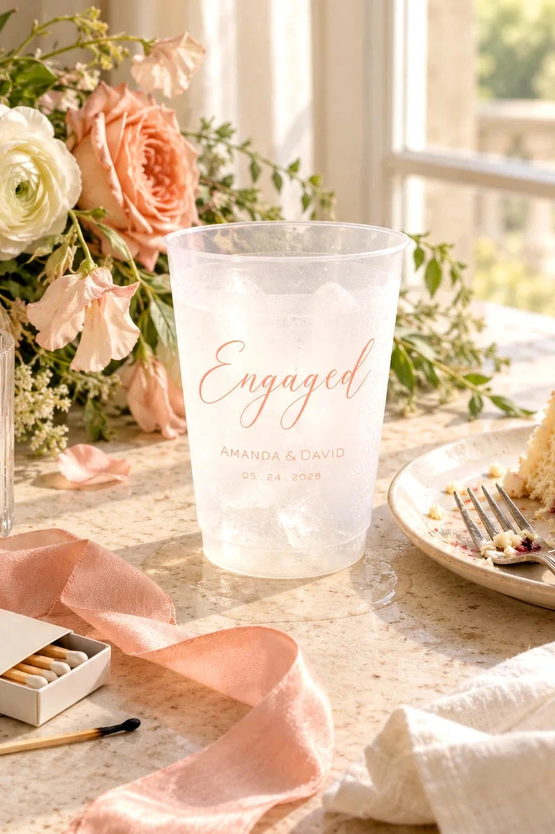 Personalized frosted engagement party cup with custom names and date beside flowers and cake at a bright celebration table