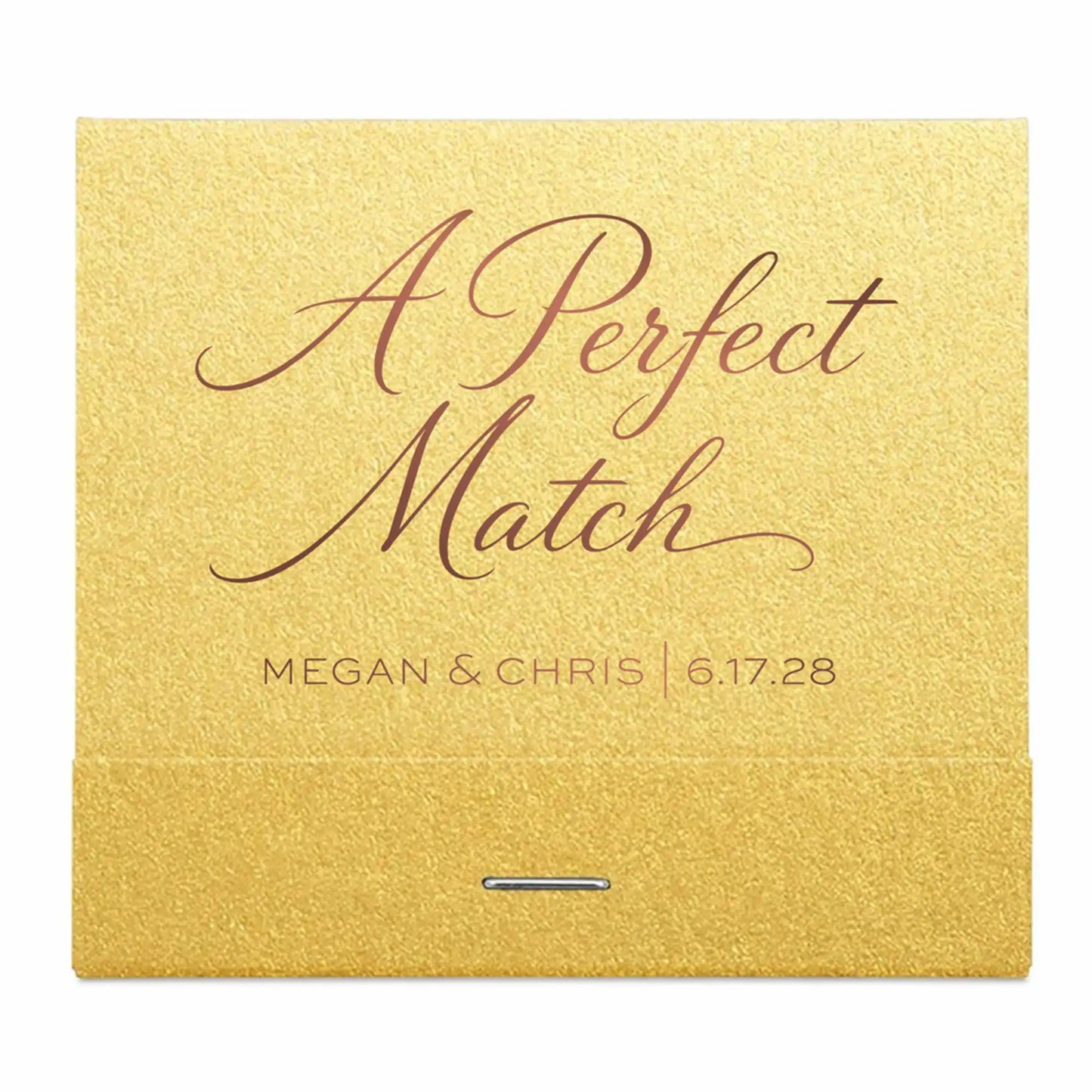 Gold box with 'A Perfect Match' text and personalized names and date