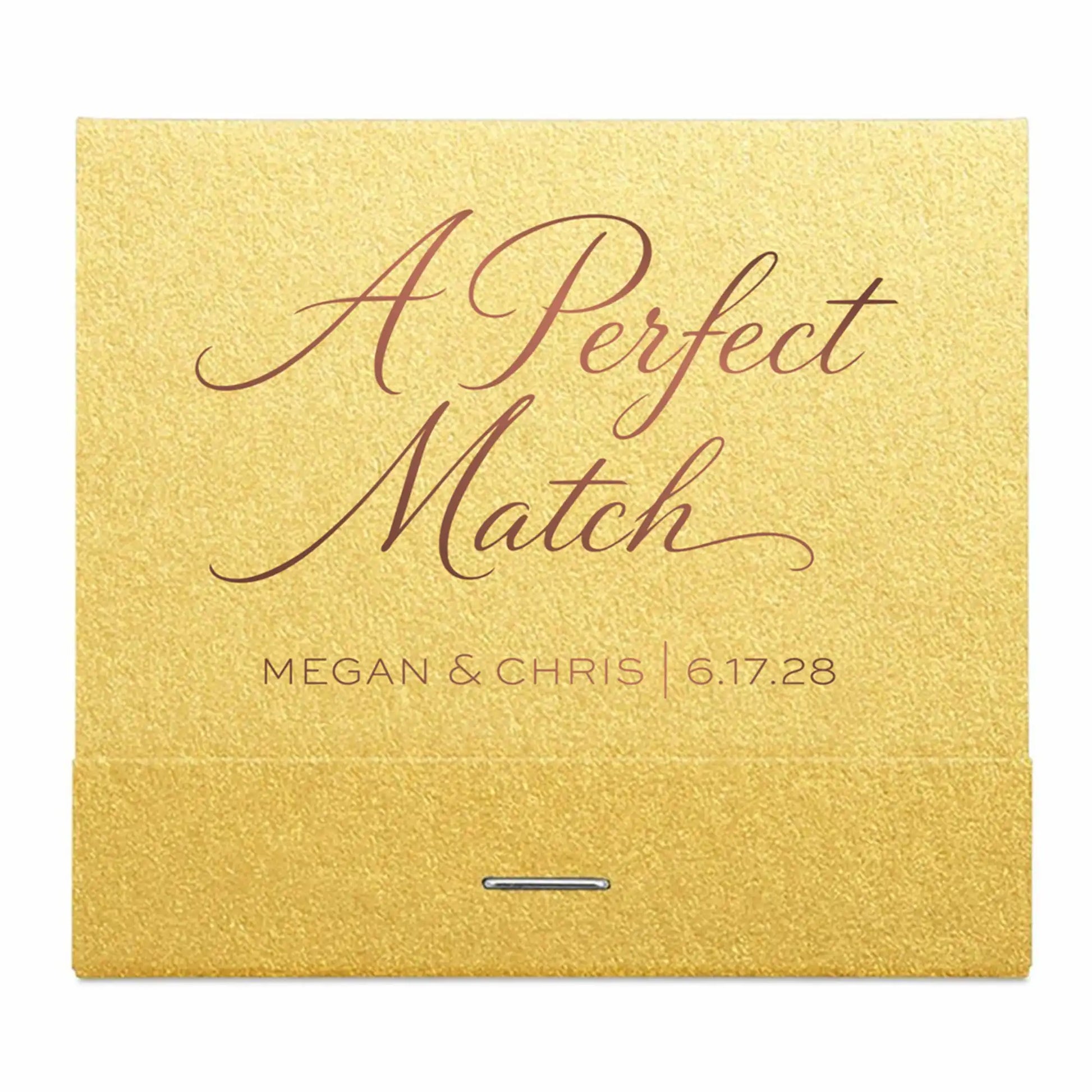 Gold box with 'A Perfect Match' text and personalized names and date