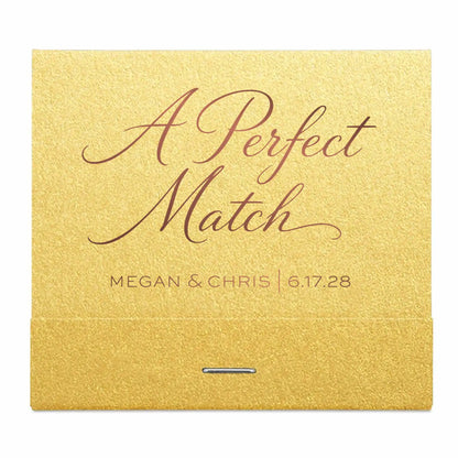 Gold box with 'A Perfect Match' text and personalized names and date