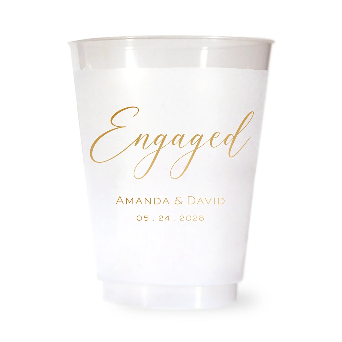 White plastic cup with 'Engaged' and personalized text in gold on a white background