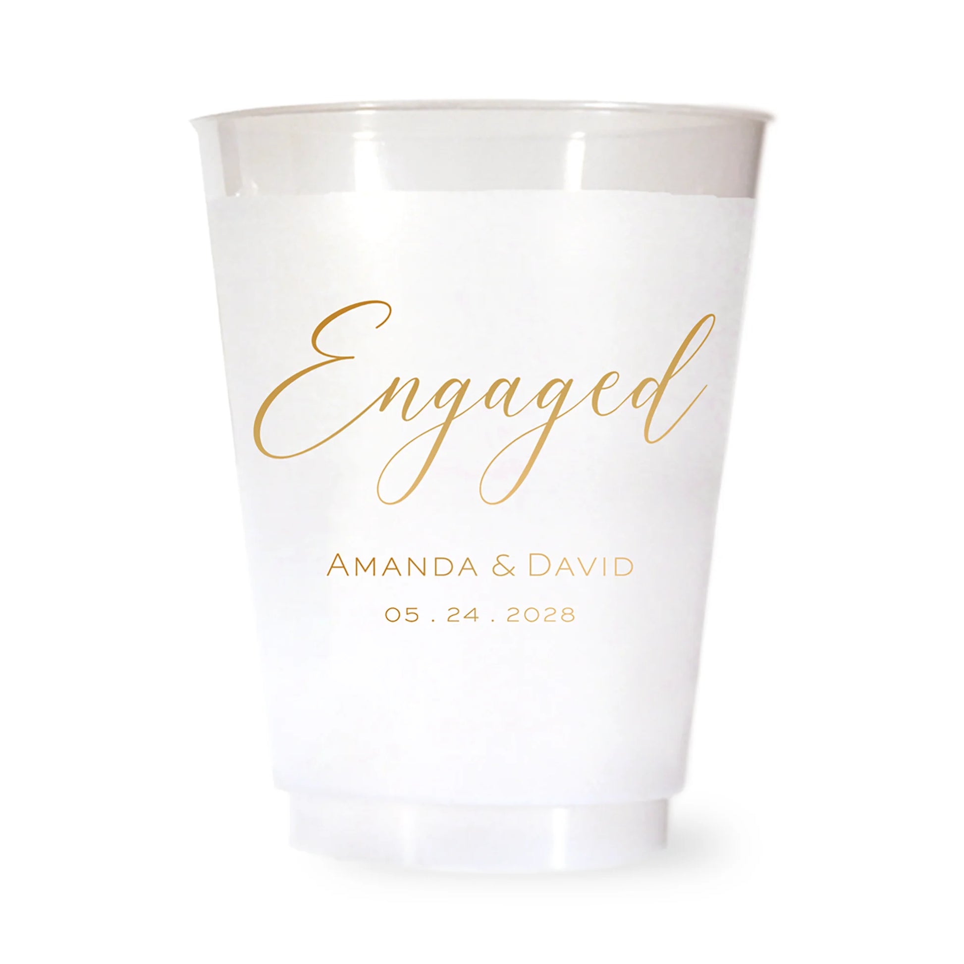 White plastic cup with 'Engaged' and personalized text in gold on a white background