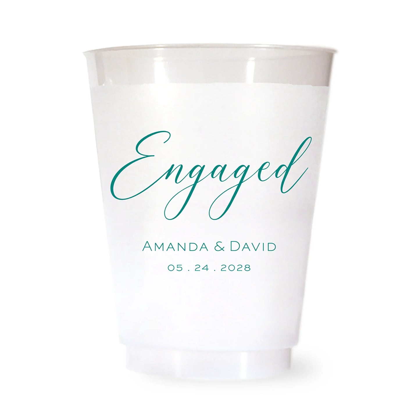 White plastic cup with green 'Engaged' text and personalized names and date on a white background
