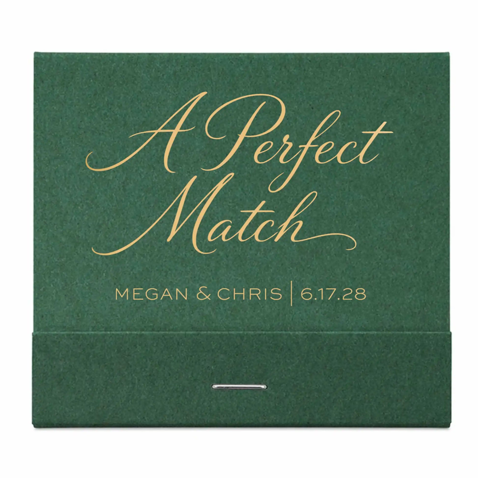 Green box with 'A Perfect Match' text and personalized details on a white background