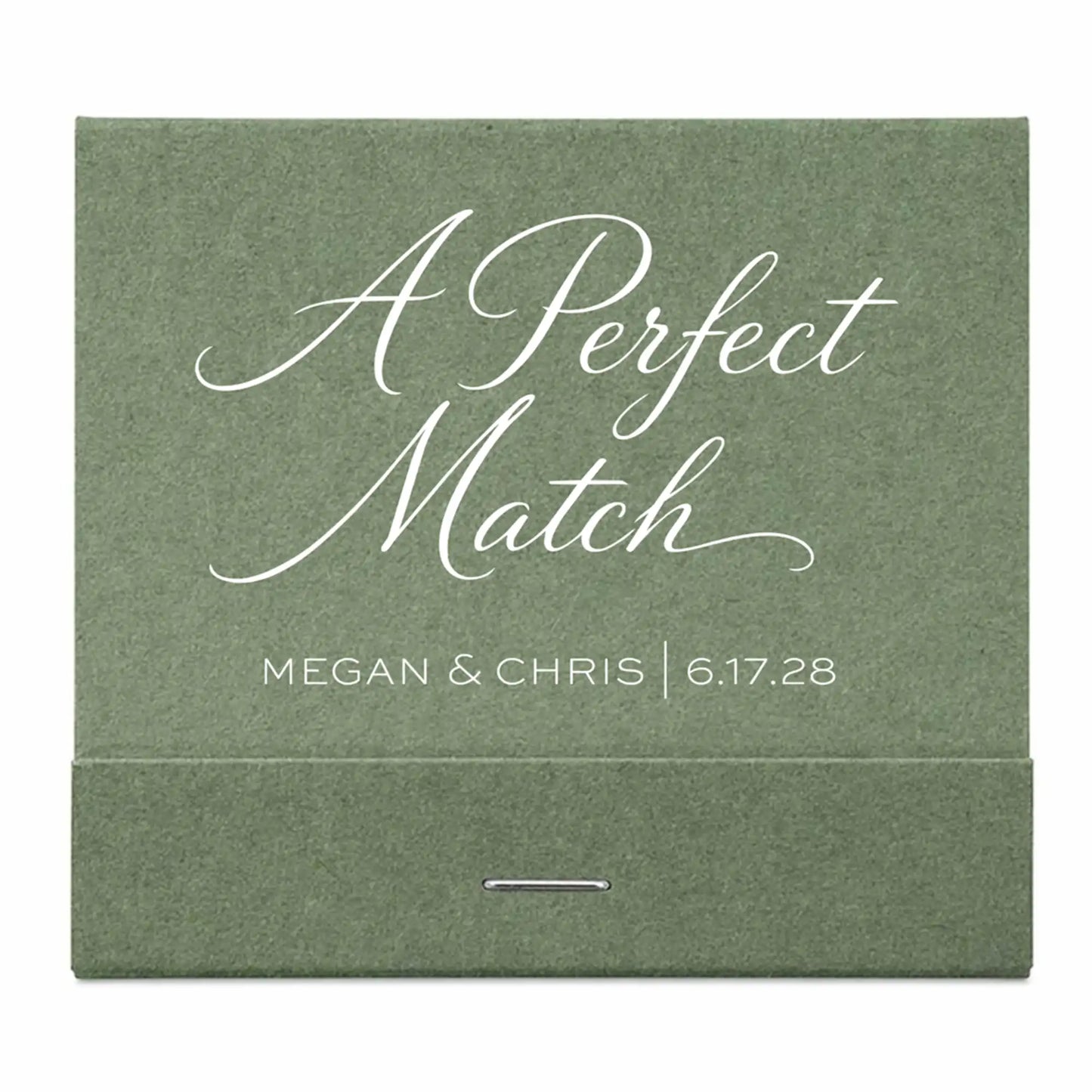 Green box with 'A Perfect Match' text and personalized details on a white background