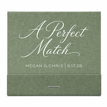 Green box with 'A Perfect Match' text and personalized details on a white background