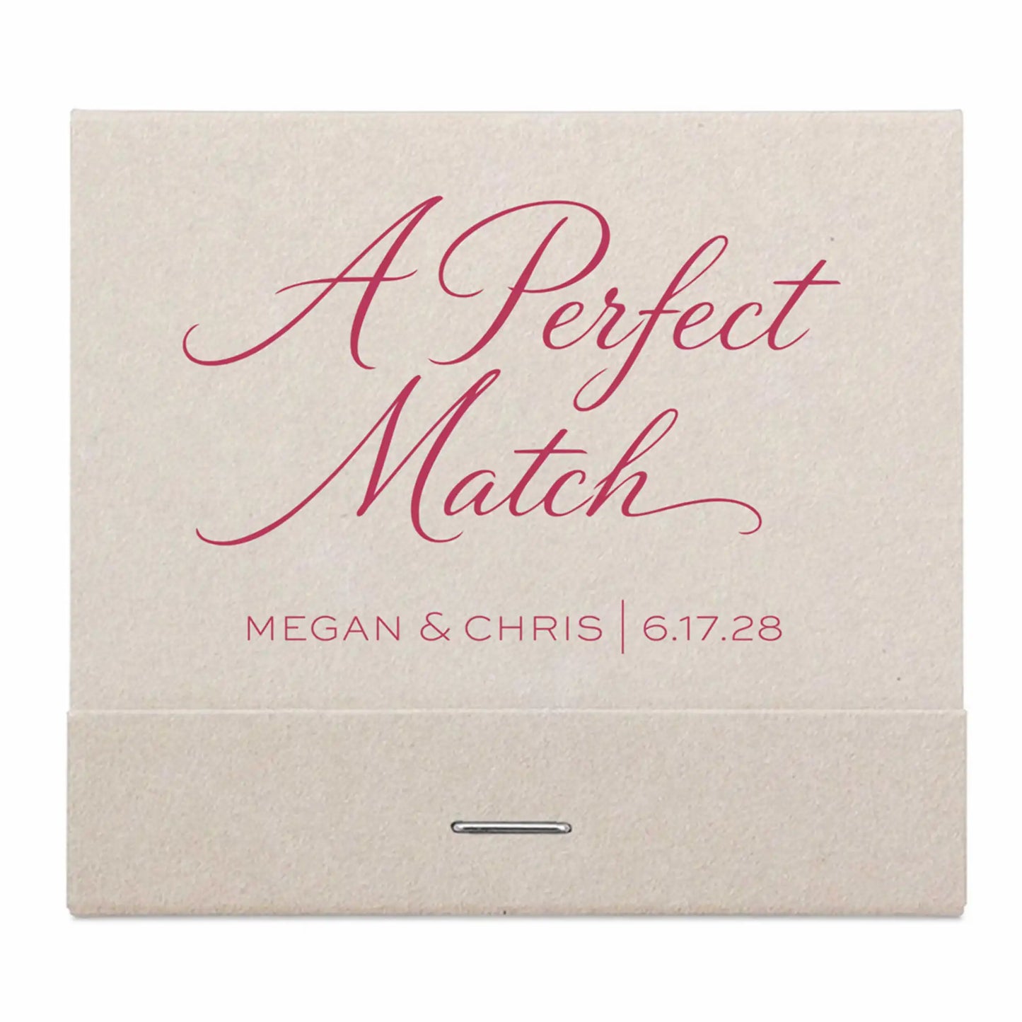 Wedding-themed box with 'A Perfect Match' text and personalized names and date.