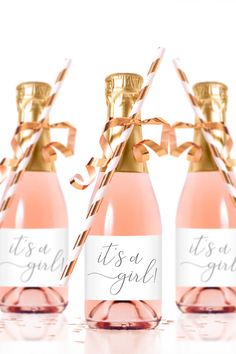 It's a Girl Mini Champagne Bottle Labels for Baby Shower - Tea and Becky