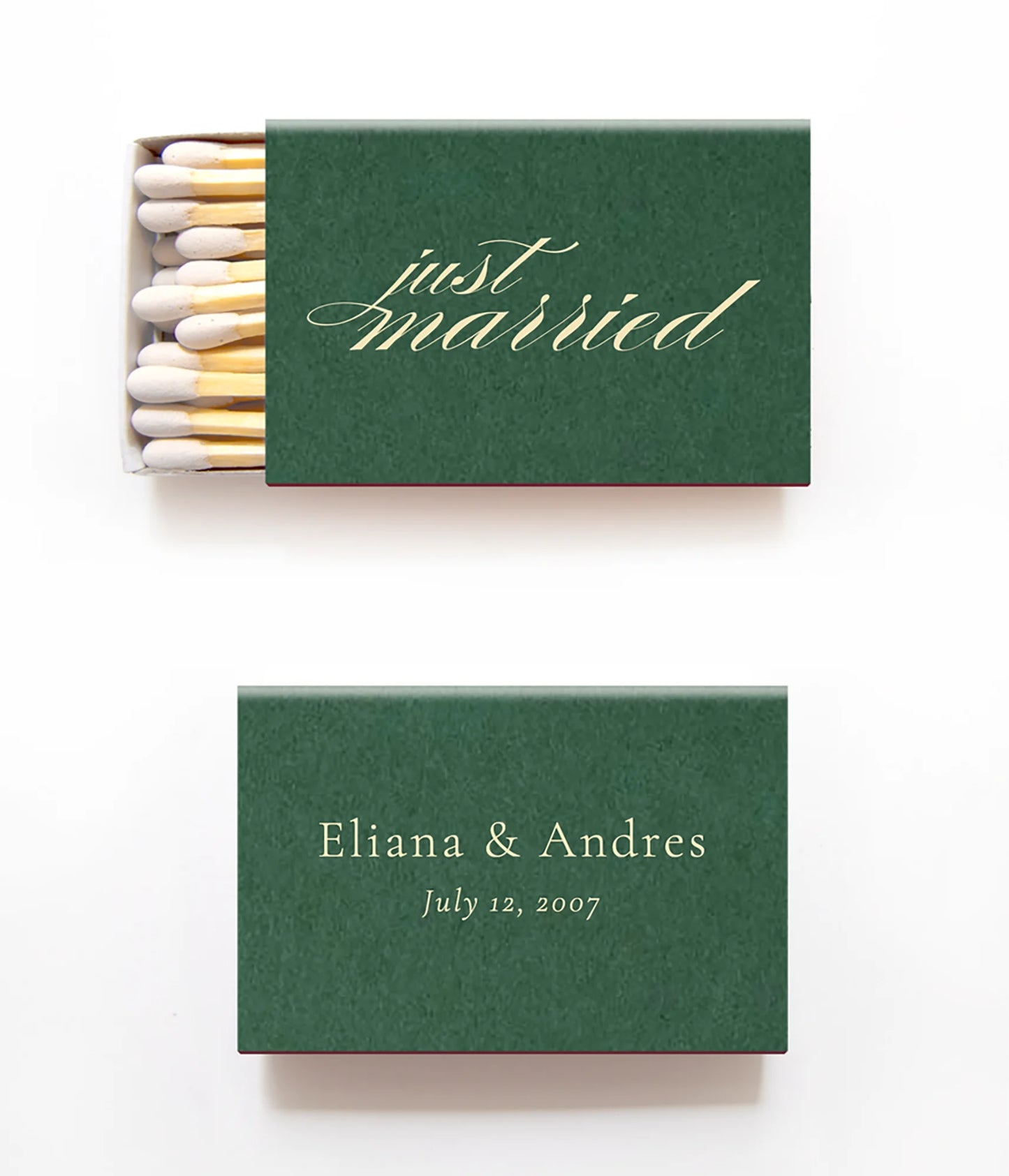 green matchboxes on a white background that say just married in ivory and also have the bride and grooms names and wedding date. 