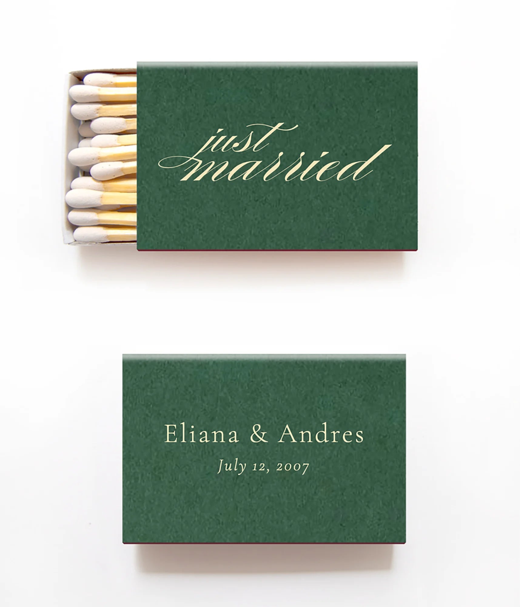 green matchboxes on a white background that say just married in ivory and also have the bride and grooms names and wedding date. 