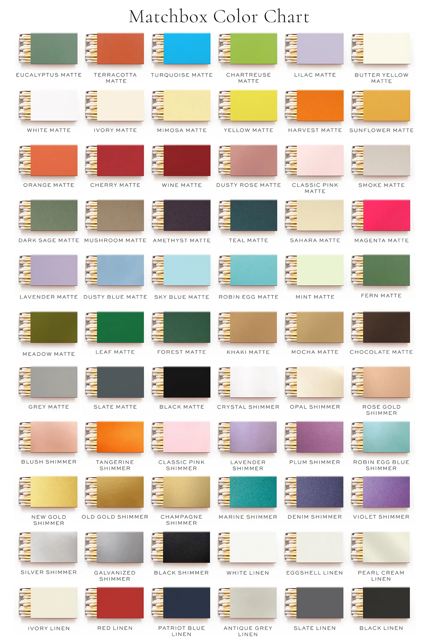 Matchbox Color Chart with various color swatches