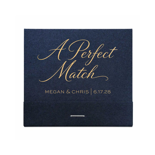 Navy blue box with gold text 'A Perfect Match' and personalized details on a white background