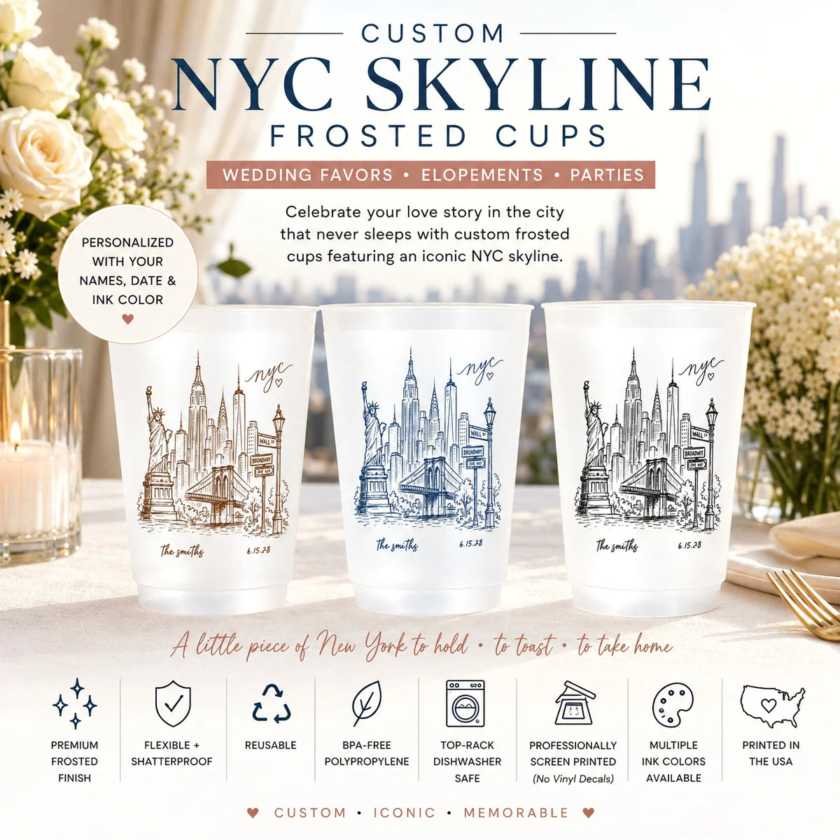 Three frosted custom NYC skyline cups displayed on a white background with wedding-themed floral props and text overlays. The cups feature black and blue line-art illustrations of New York City landmarks.