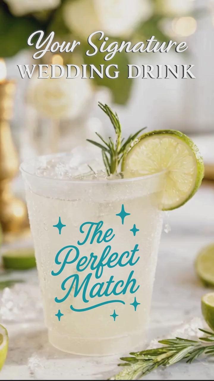 The perfect match cups with a refreshing drink and rosemary spring and lime wedge on a wedding table. text overlay says Your signature Wedding Drink.