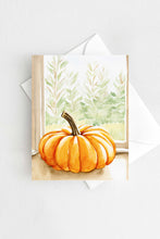 Load image into Gallery viewer, Pumpkin in the Window Halloween Card Autumn Fall Watercolor Cottagecore Holiday
