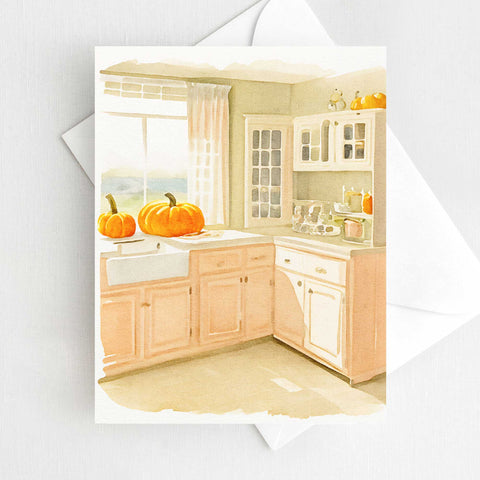 Pumpkin Kitchen Halloween Card Autumn Fall Watercolor Holiday H041 - Wholesale
