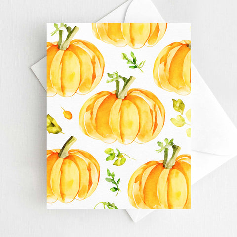 Pumpkins and Leaves Autumn Fall Halloween Card Watercolor Holiday H038 - Wholesale