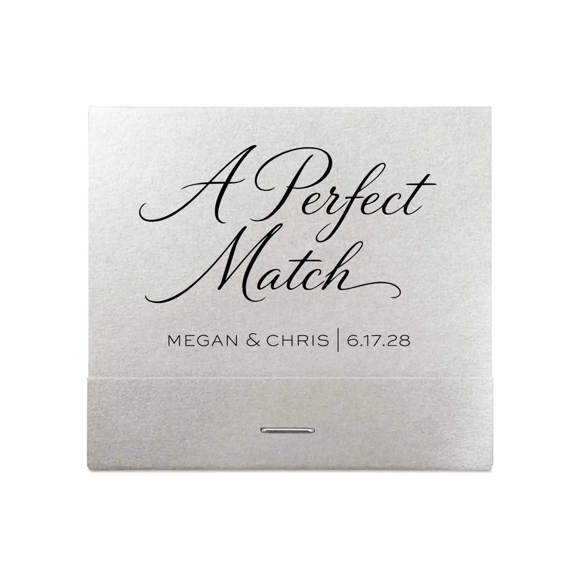 Wedding matchbox with 'A Perfect Match' text and personalized details on a white background