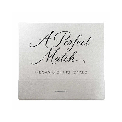 Wedding matchbox with 'A Perfect Match' text and personalized details on a white background