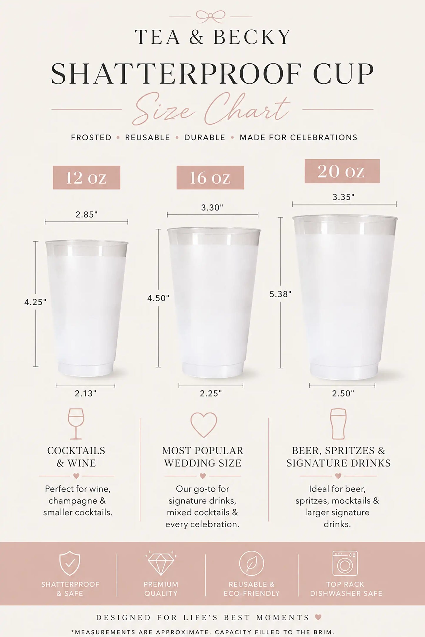 Tea & Becky shatterproof cup size chart with dimensions and uses for different cup sizes.