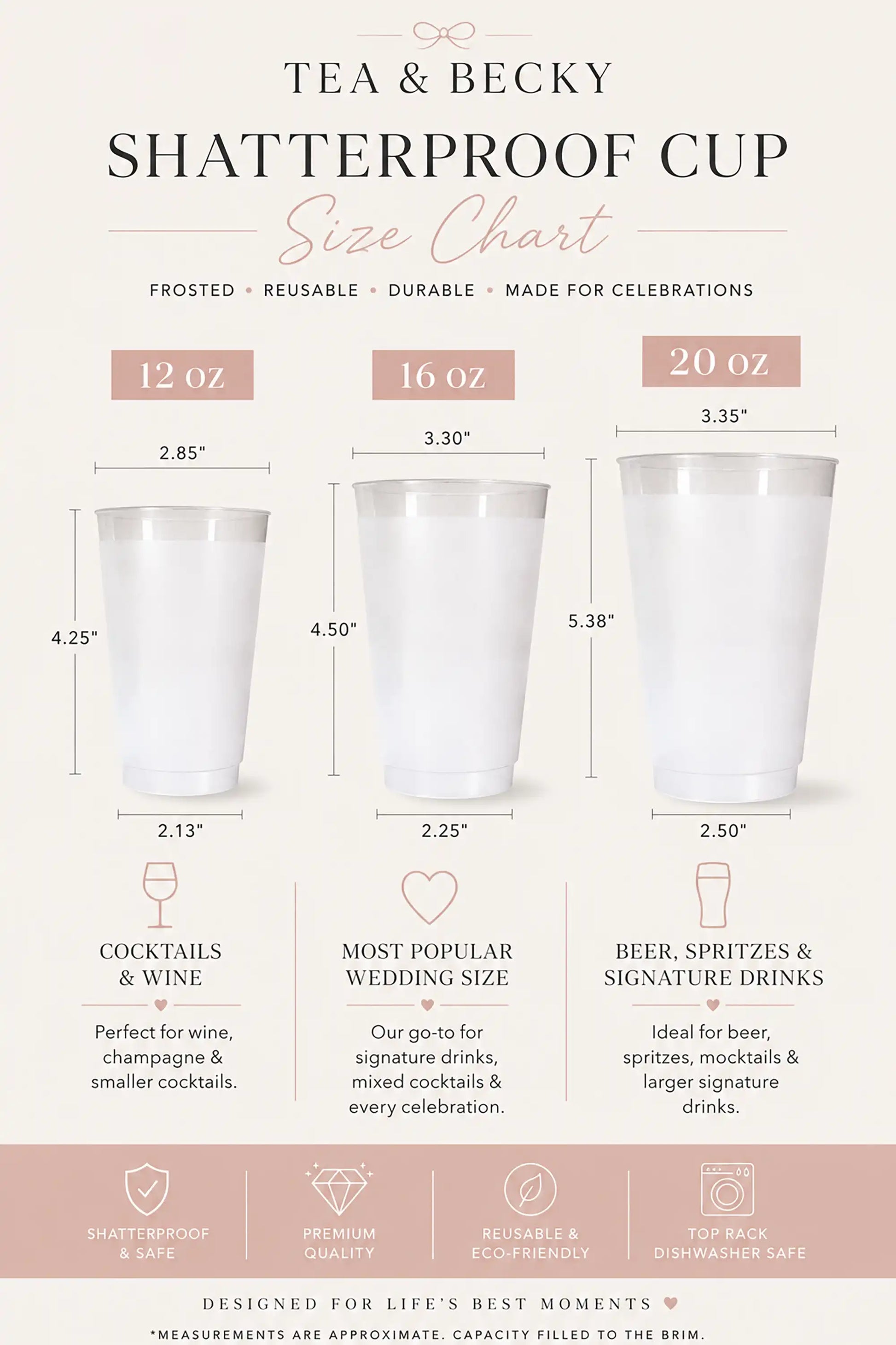 Tea & Becky shatterproof cup size chart with dimensions and uses for different cup sizes.