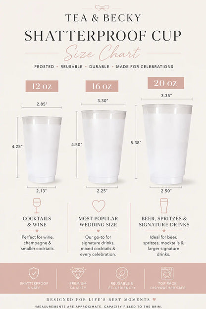 Tea & Becky shatterproof cup size chart with dimensions and uses for different cup sizes.