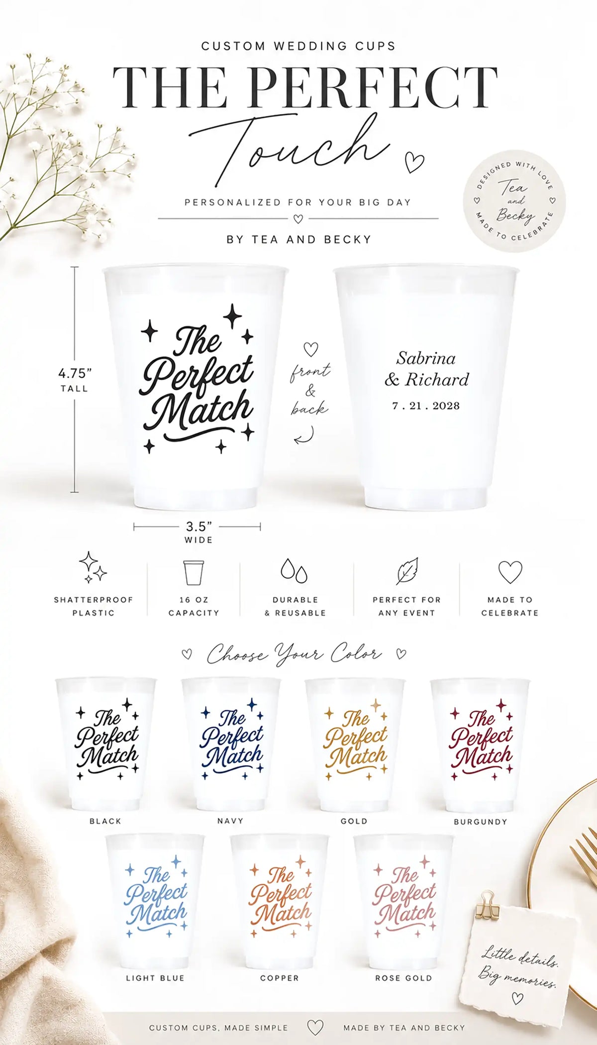 Custom wedding cups from The Perfect Touch, featuring personalized printed designs like 'The Perfect Match' and names/date text. The image shows cup dimensions, material specs, color options, and sample cup prints on a clean white background with decorative floral accents.