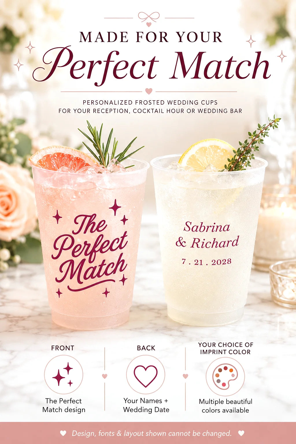 Personalized frosted wedding cups design mockup with two illustrated cups, one pink and one white, featuring custom text examples, surrounded by wedding-themed decorative elements and explanatory feature icons below.