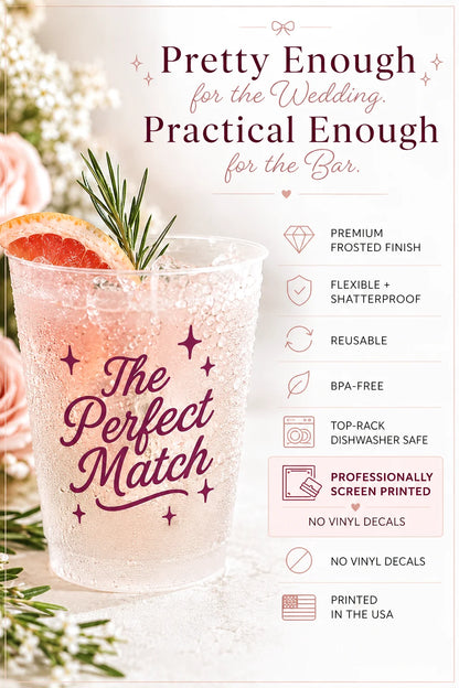 A frosted glass tumbler with the phrase 'The Perfect Match' printed in dark pink script, shown filled with a pink beverage and garnished with a rosemary sprig and grapefruit slice. The image includes marketing text and feature callouts on a soft floral background.