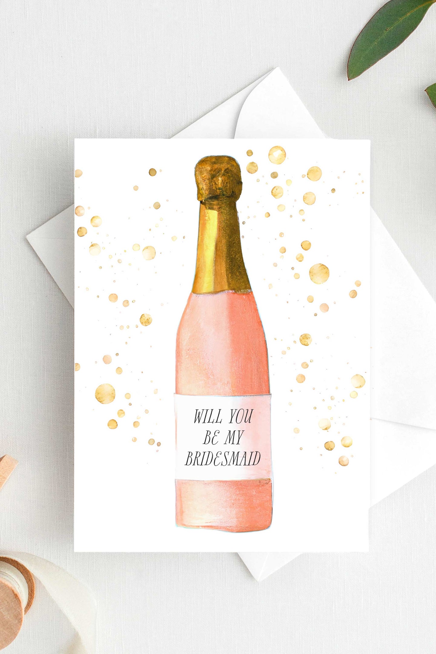 Will You Be My Bridesmaid Proposal Card Watercolor Pink Champagne Bottle