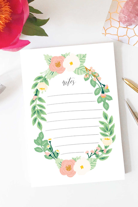 Watercolor Notepad - Flower Wreath 4x6 To Do Notepad - Tea and Becky