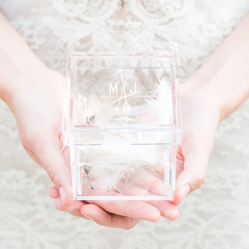 Monogrammed Arrow and Feather Personalized Lucite Wedding Ring Box - Tea and Becky