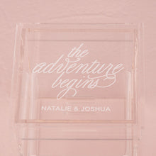 Load image into Gallery viewer, The Adventure Begins Personalized Lucite Wedding Ring Box - Tea and Becky
