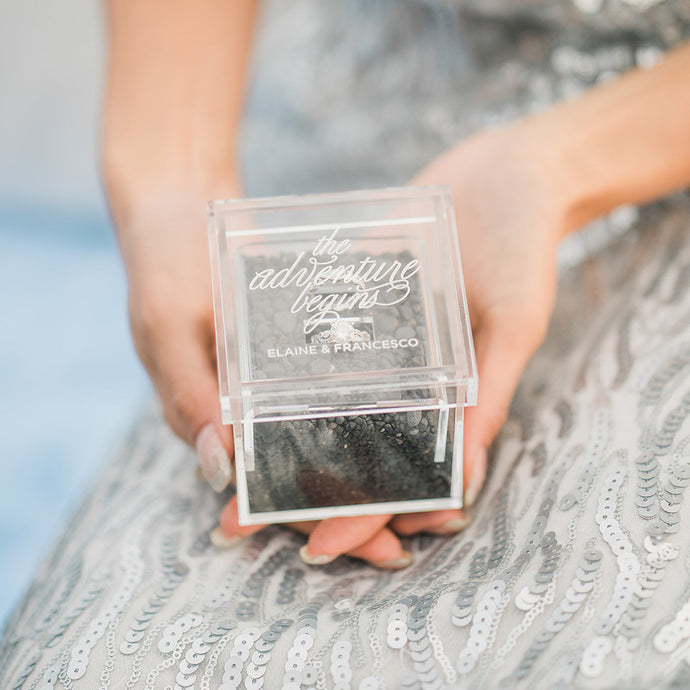The Adventure Begins Personalized Lucite Wedding Ring Box - Tea and Becky