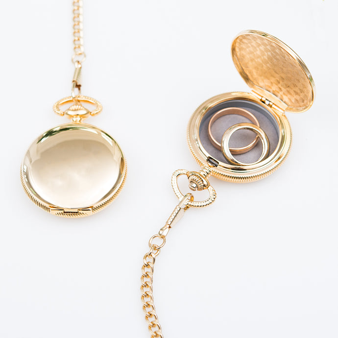 Gold Wedding Ring Box - Pocket Case with Chain - Tea and Becky