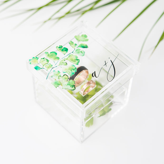 Lucite Wedding Ring Box - Watercolor Green Fern - Tea and Becky