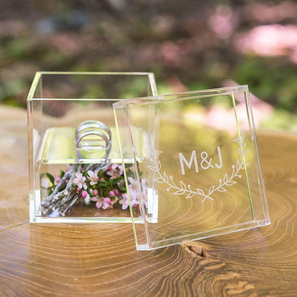 Monogrammed Woodland Personalized Lucite Wedding Ring Box - Tea and Becky